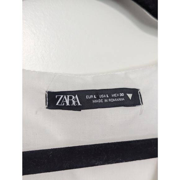 ZARA Ruched Front Puff Sleeve Dress White Womens Large Coastal Rustic Boho Midi - Picture 4 of 7